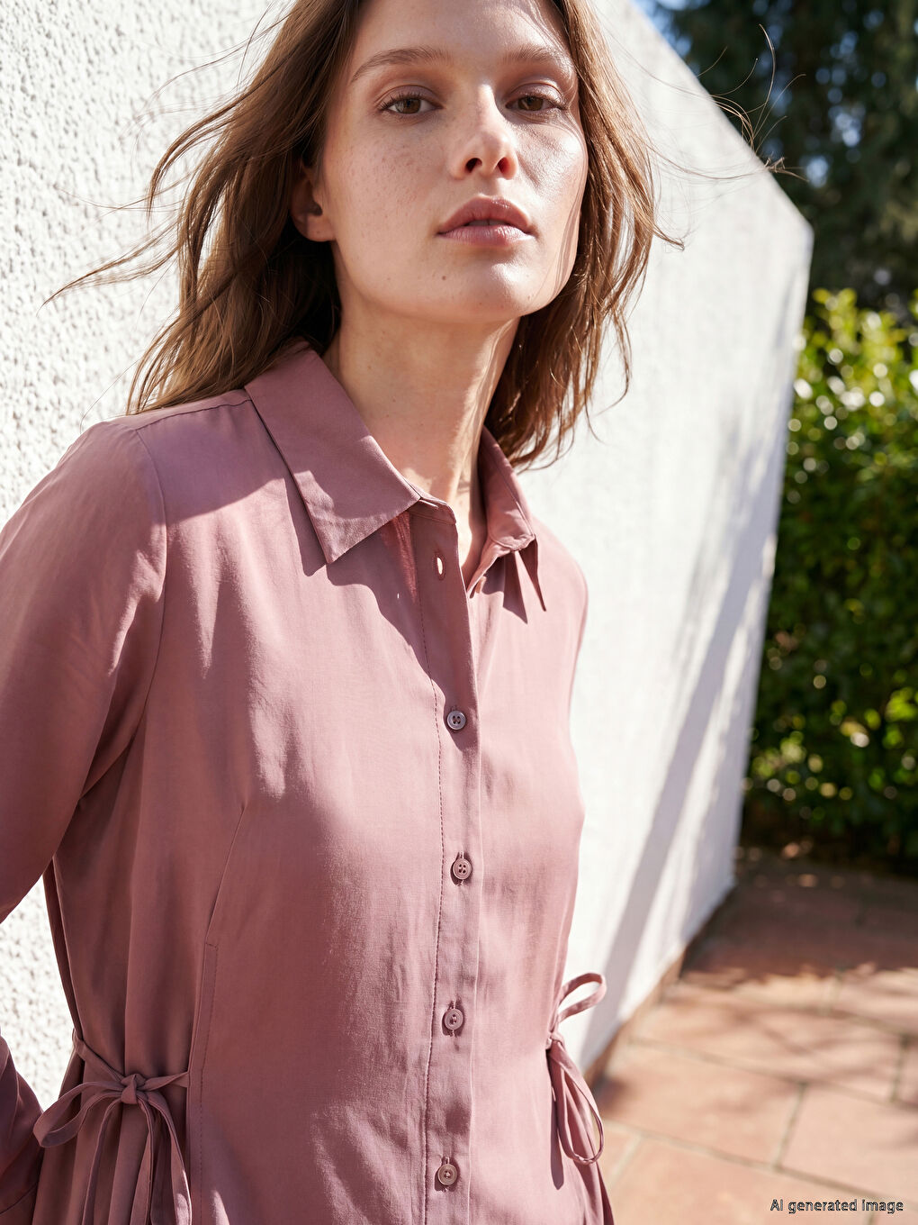 Pembe Beli Bağlamalı Modal Karışımlı Gömlek Elbise