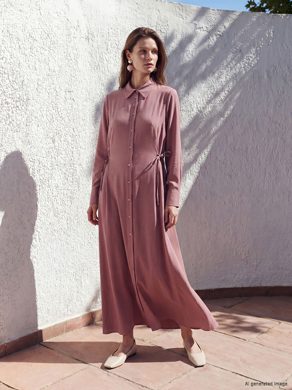 Pembe Beli Bağlamalı Modal Karışımlı Gömlek Elbise-1