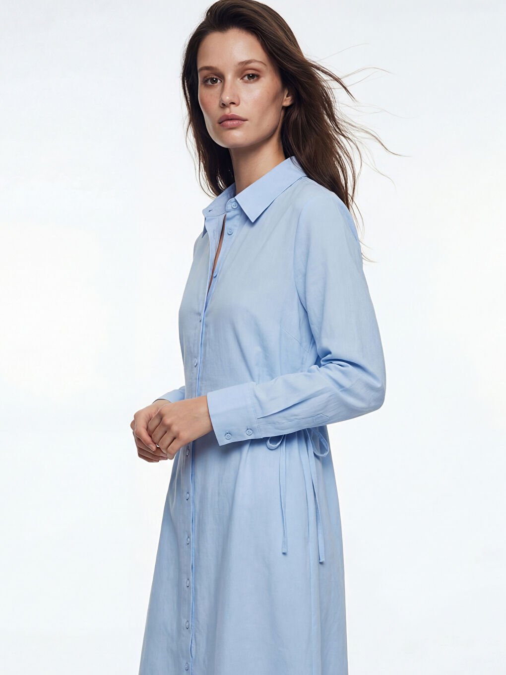 Mavi Beli Bağlamalı Modal Karışımlı Gömlek Elbise-1