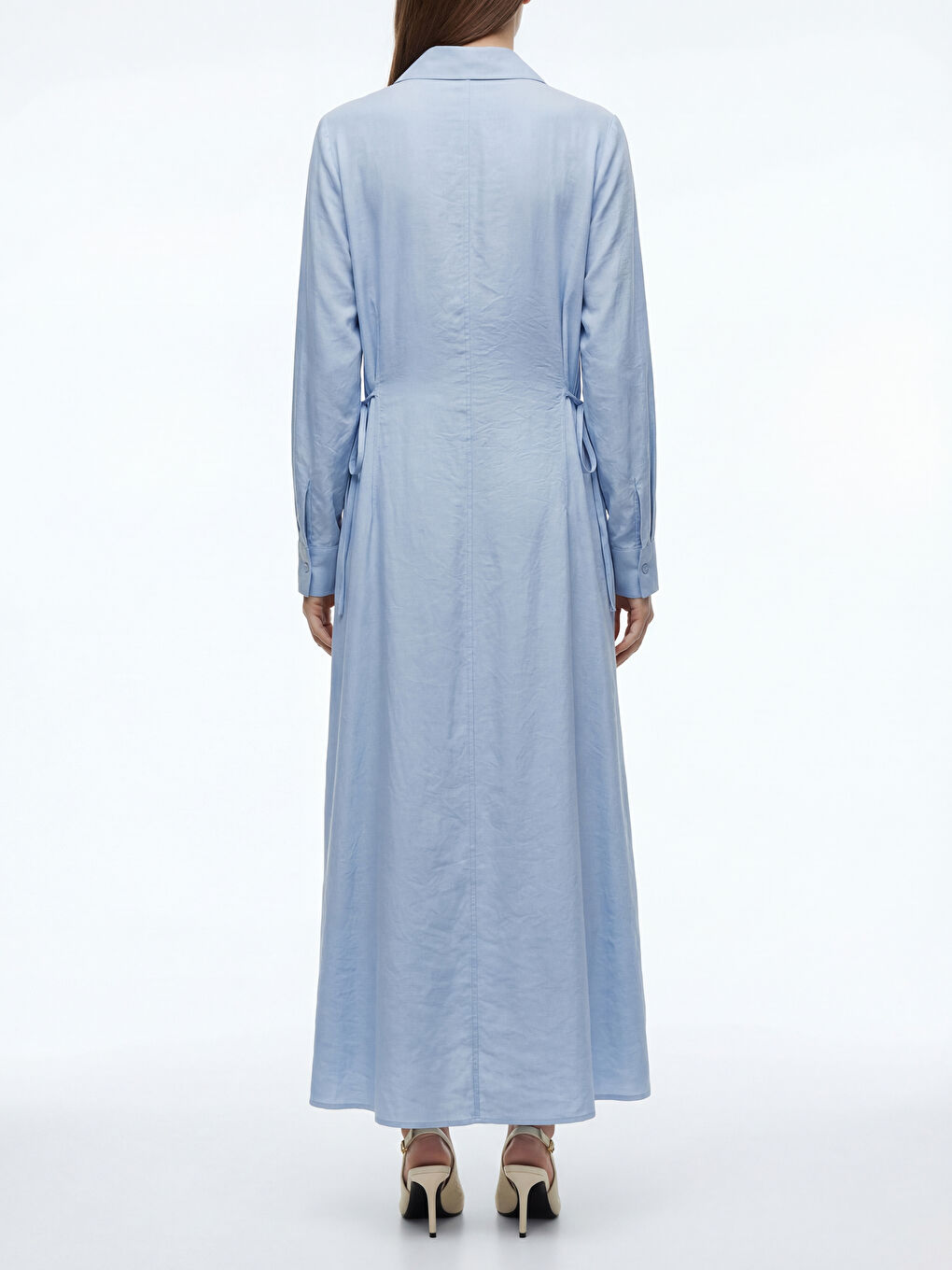 Mavi Beli Bağlamalı Modal Karışımlı Gömlek Elbise-3