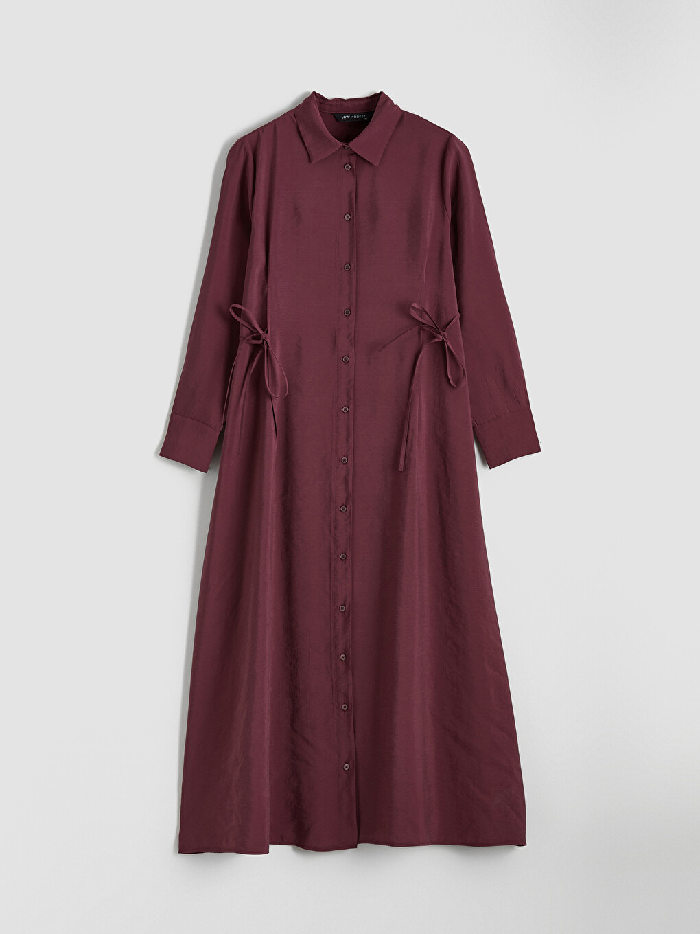 Bordo Beli Bağlamalı Modal Karışımlı Gömlek Elbise-5