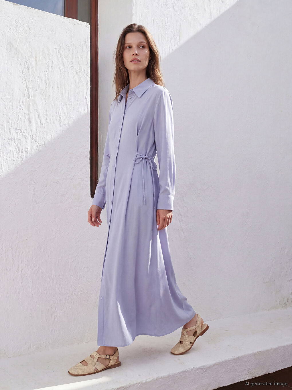 Mavi Beli Bağlamalı Modal Karışımlı Gömlek Elbise-1