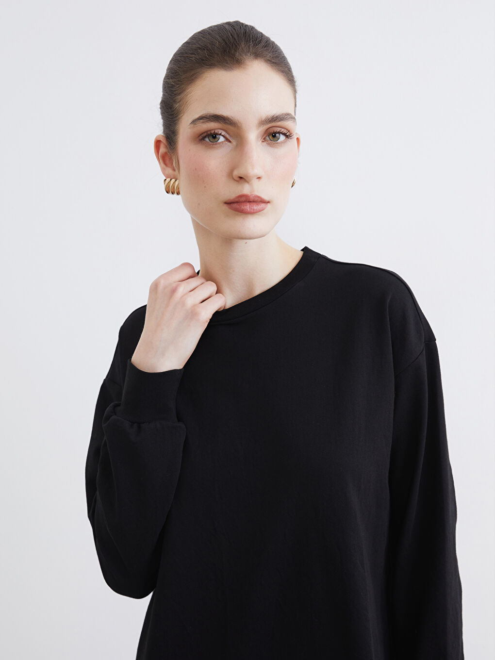 Siyah Bisiklet Yaka Sweat Elbise	-1