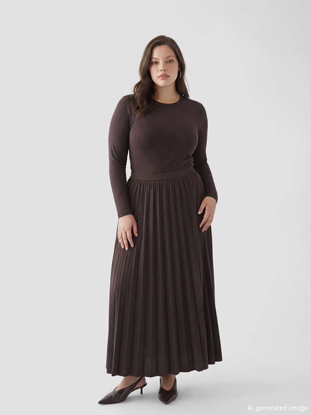 Kahverengi Beli Lastikli Krep Pileli Etek-2