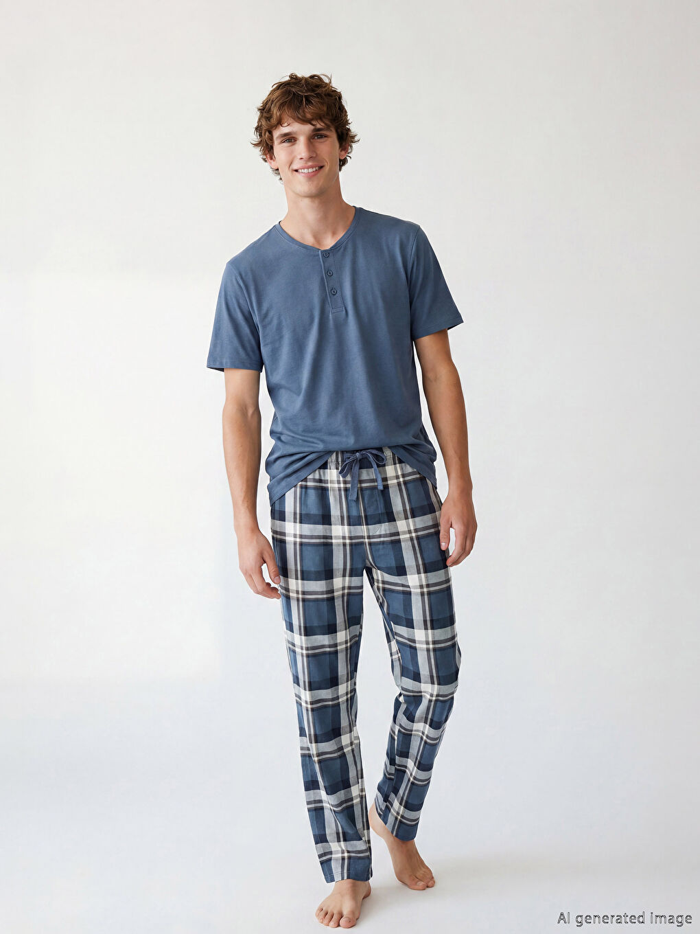طقم بيجاما رجالي بقصة عادية بنقشة المربعات-1