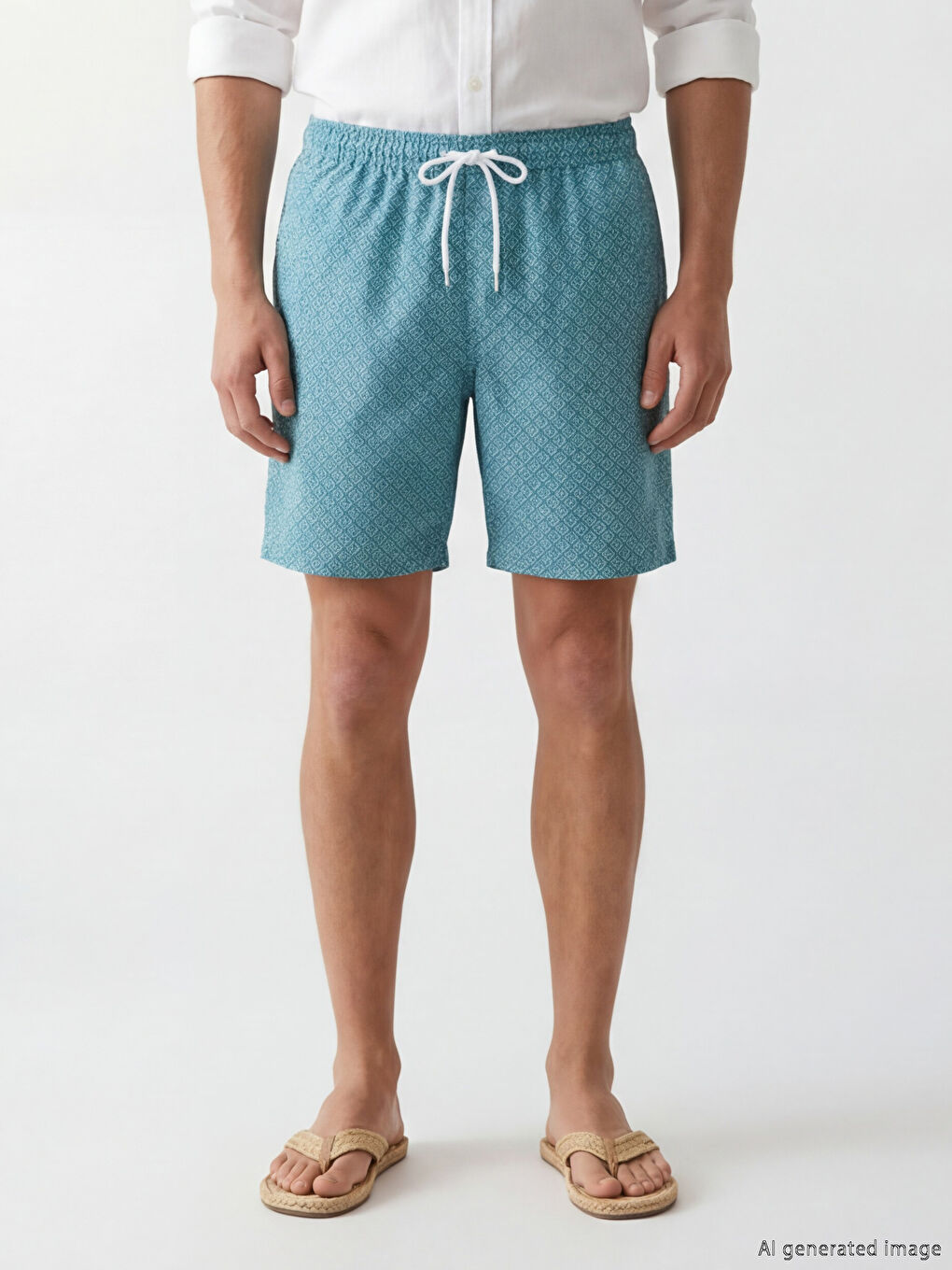 Turkuaz Kısa Boy Desenli Erkek Deniz Şortu-1