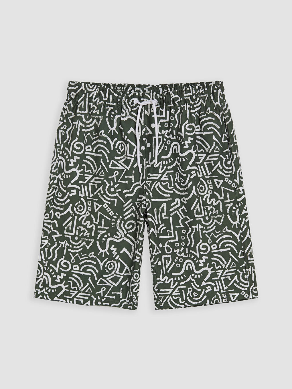 Haki Kısa Boy Desenli Erkek Deniz Şortu