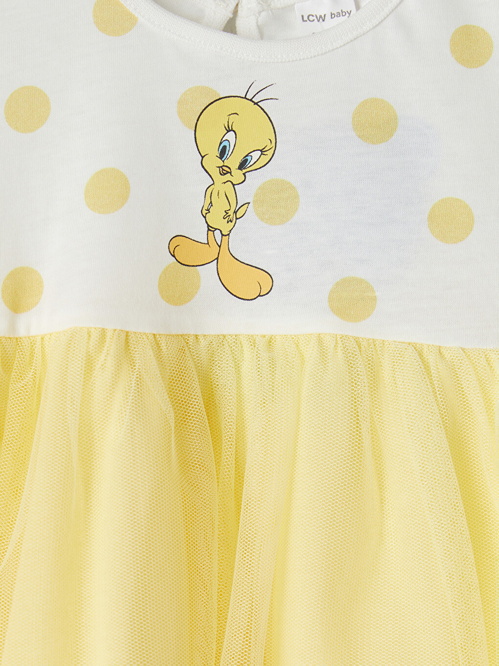 Ekru Tweety Baskılı Tüllü Kız Bebek Elbise-1