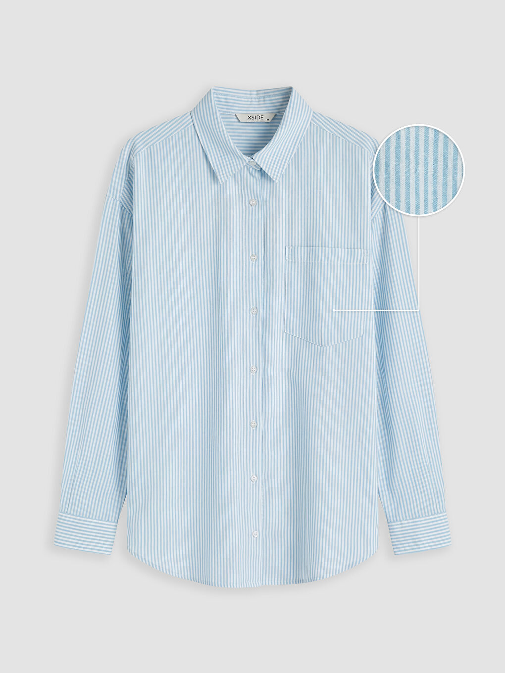Mavi Çizgili Oversize Keten Karışımlı Kadın Gömlek