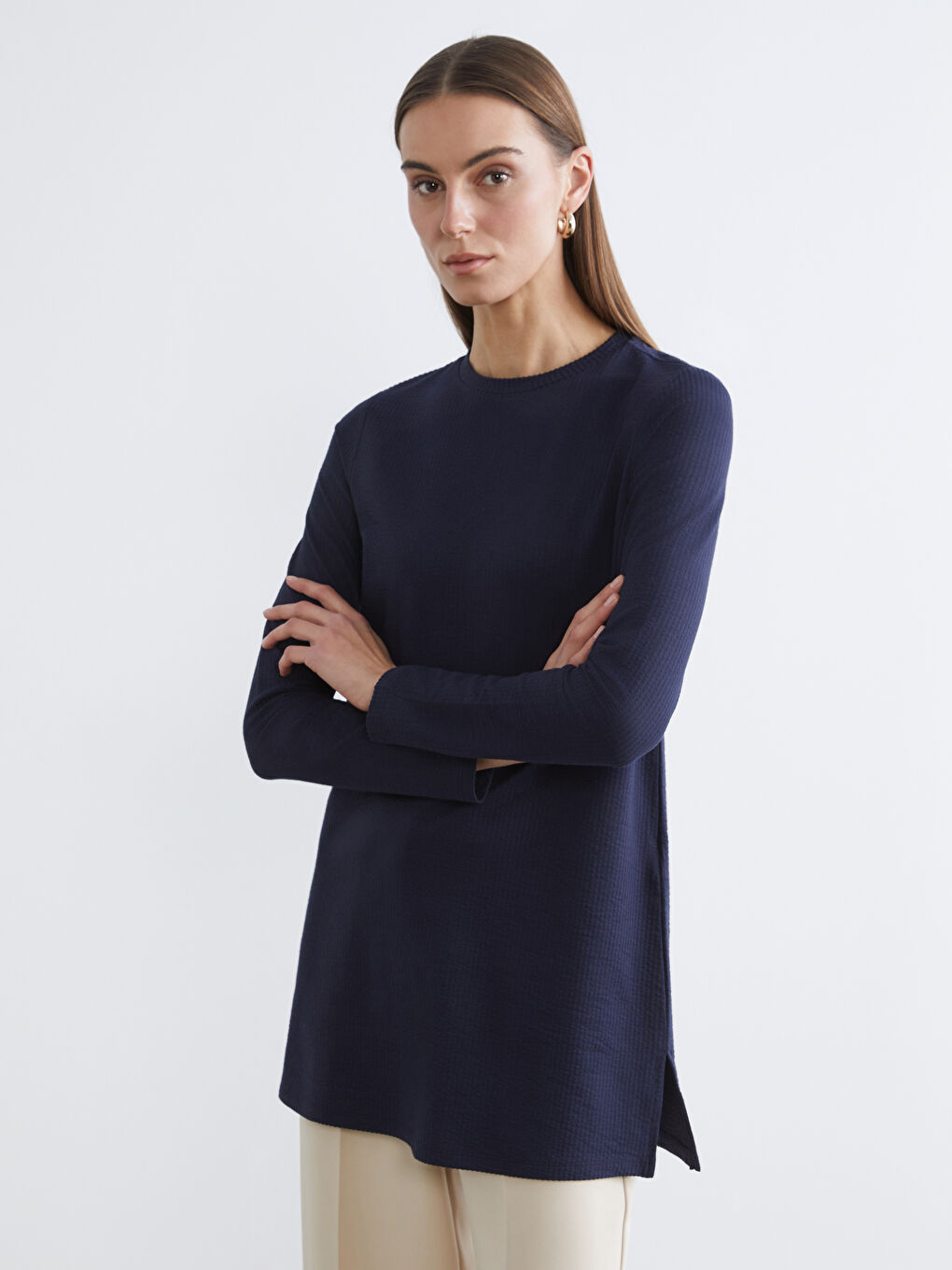 Lacivert Bisiklet Yaka Fitilli Kadın Tunik	