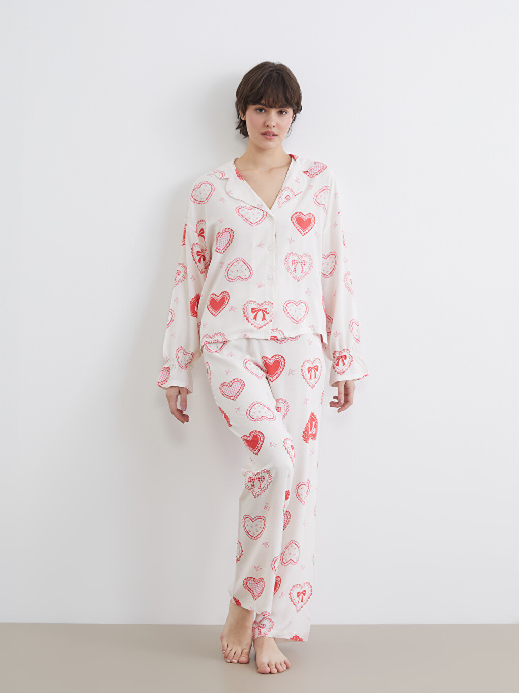 Ekru Kalp Desenli Kadın Pijama Alt