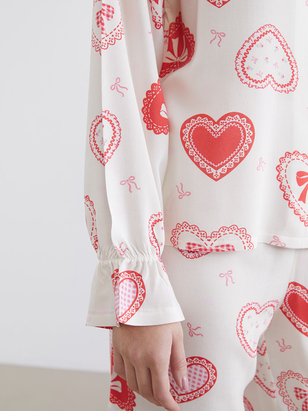 Ekru Gömlek Yaka Kalp Baskılı Kadın Pijama Takımı-2