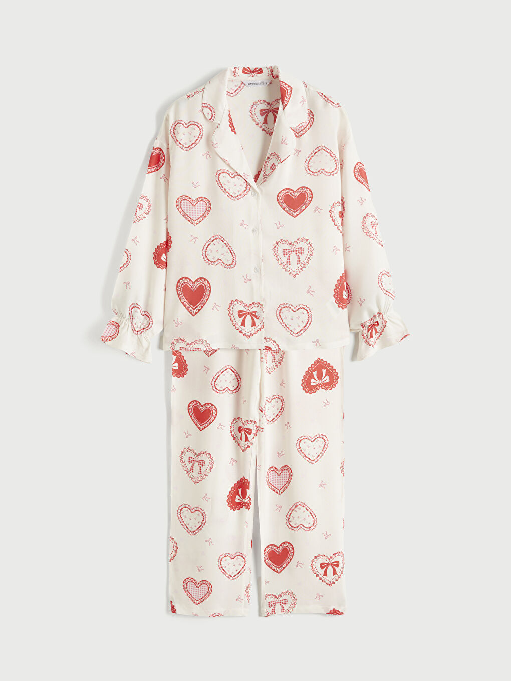 Ekru Gömlek Yaka Kalp Baskılı Kadın Pijama Takımı-4