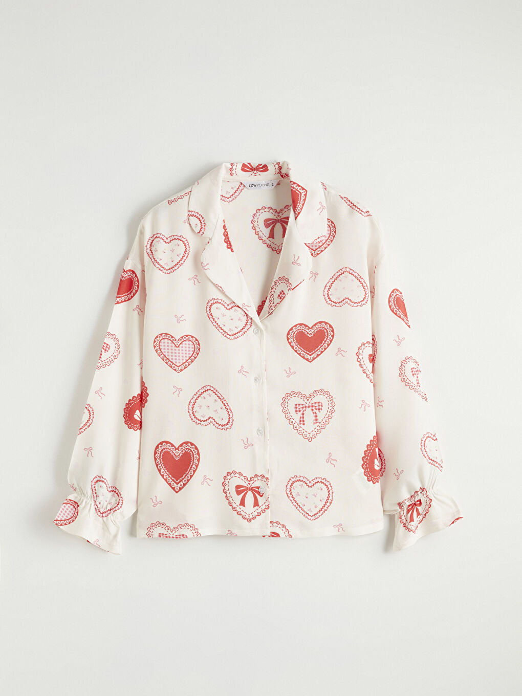 Ekru Gömlek Yaka Kalp Baskılı Kadın Pijama Takımı-5