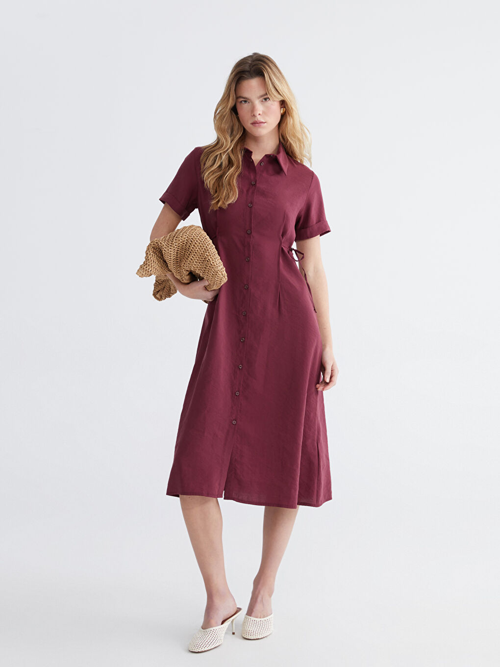 Mürdüm Belden Oturtmalı Büzgülü Gömlek Elbise-1