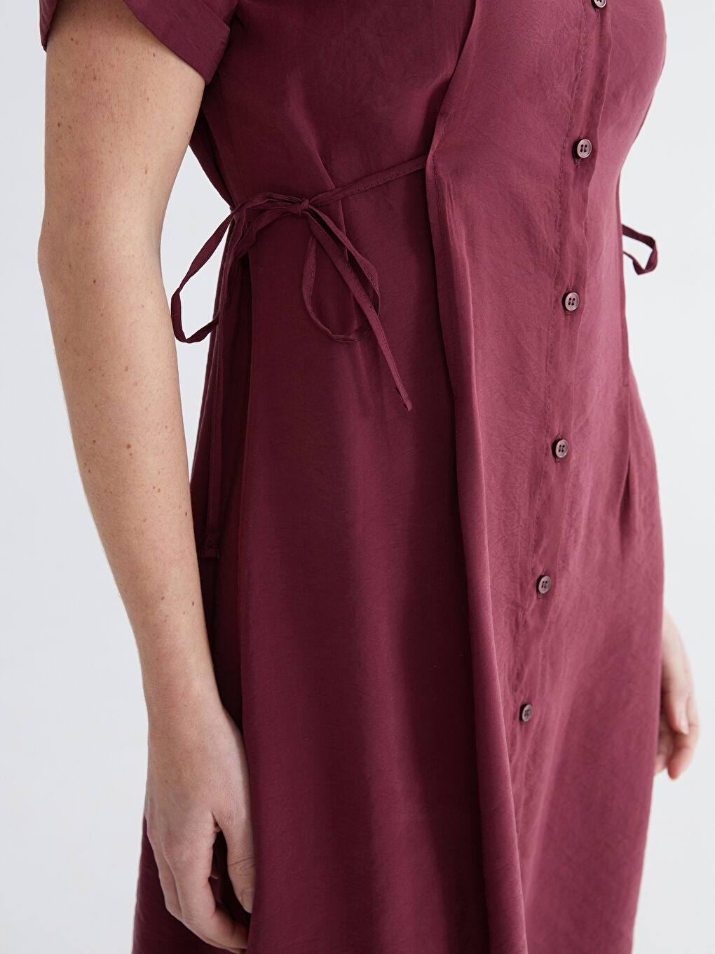 Mürdüm Belden Oturtmalı Büzgülü Gömlek Elbise-2