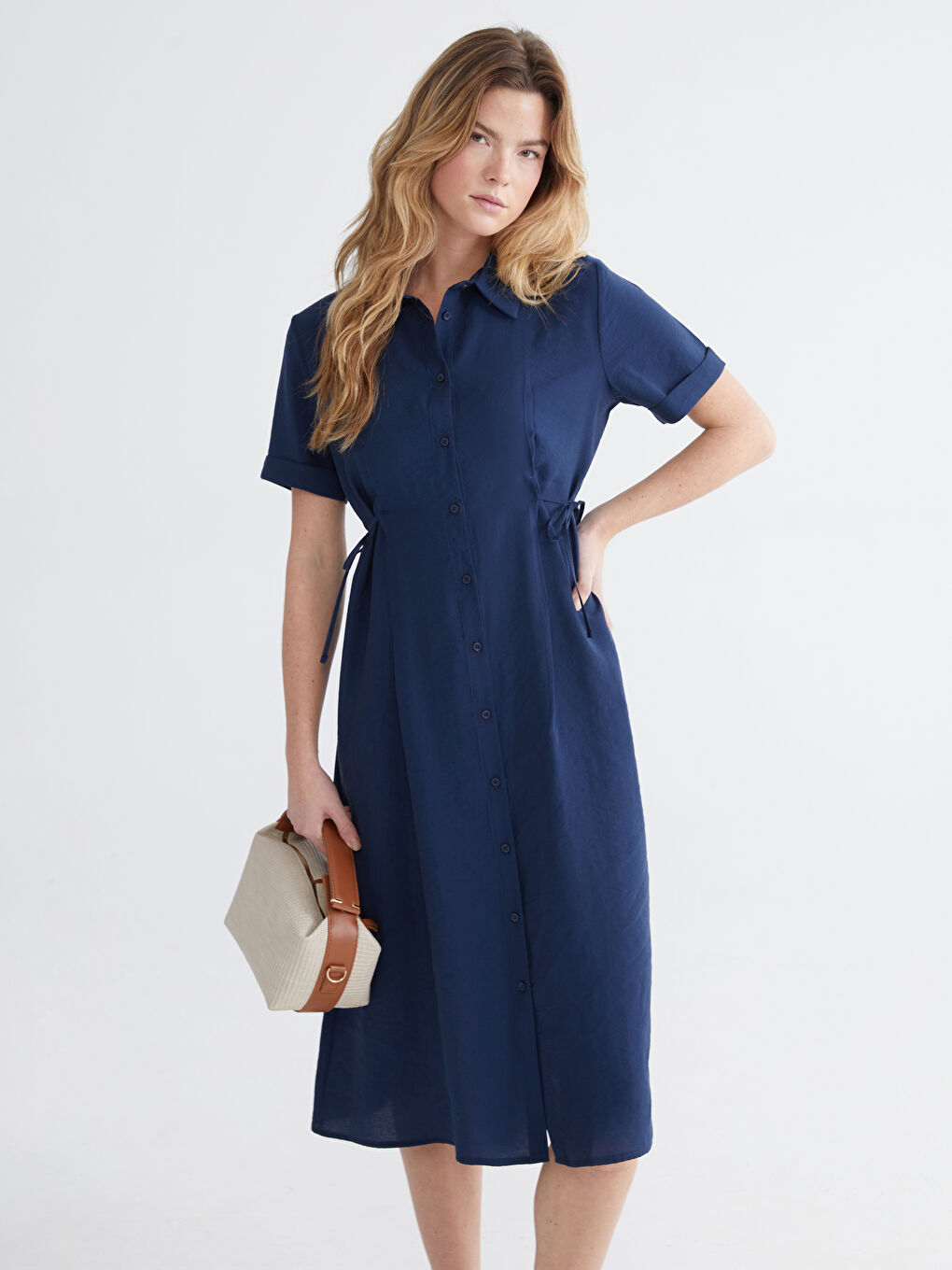Lacivert Belden Oturtmalı Büzgülü Gömlek Elbise-1