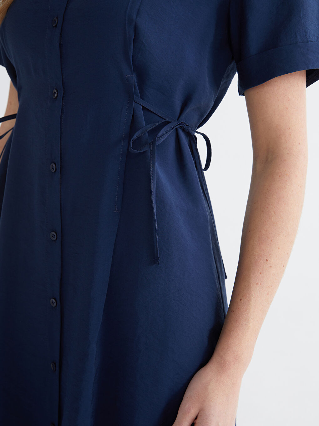 Lacivert Belden Oturtmalı Büzgülü Gömlek Elbise-2