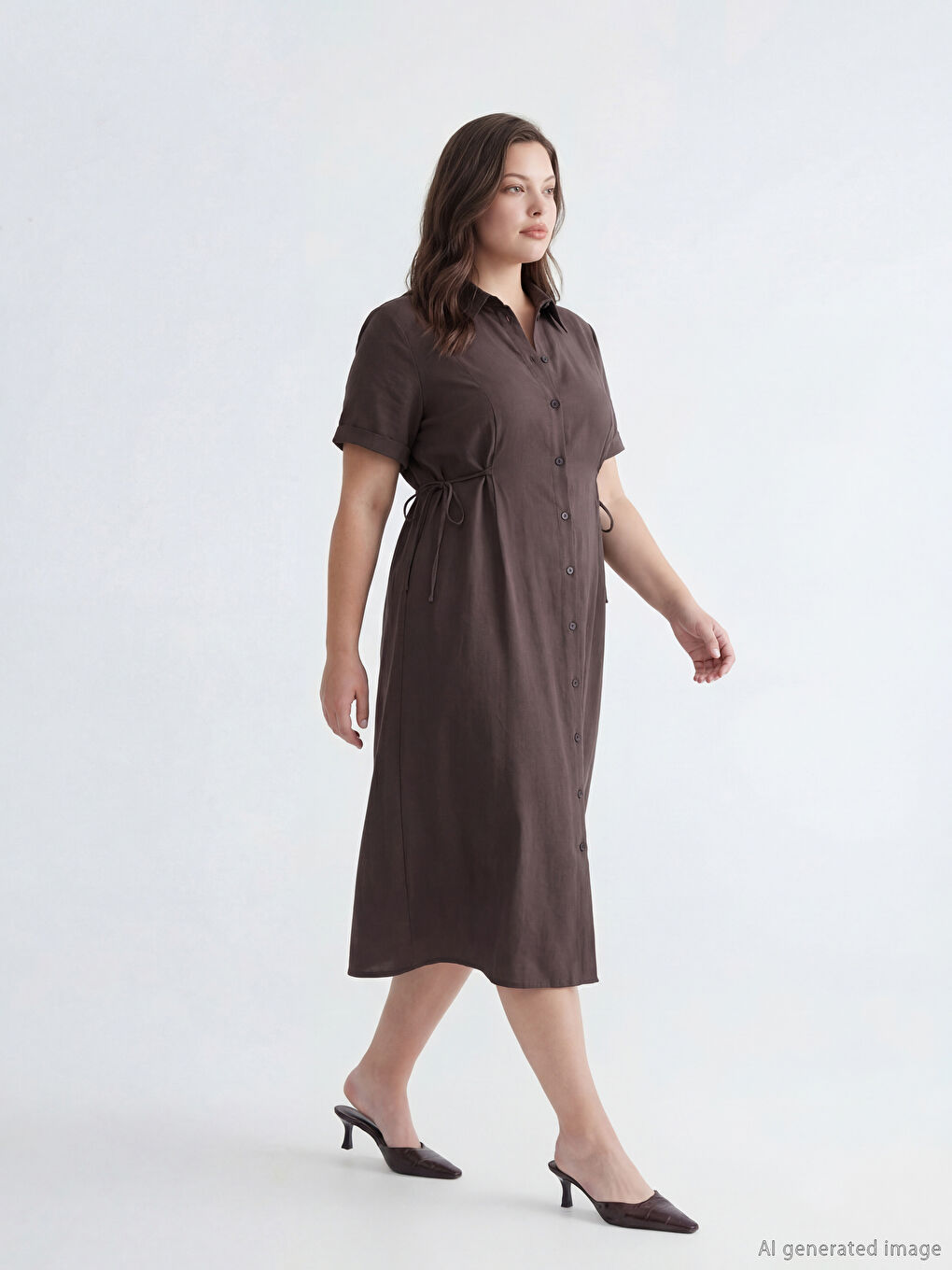 فستان قميص مكشكش بخصر محدد للنساء-3