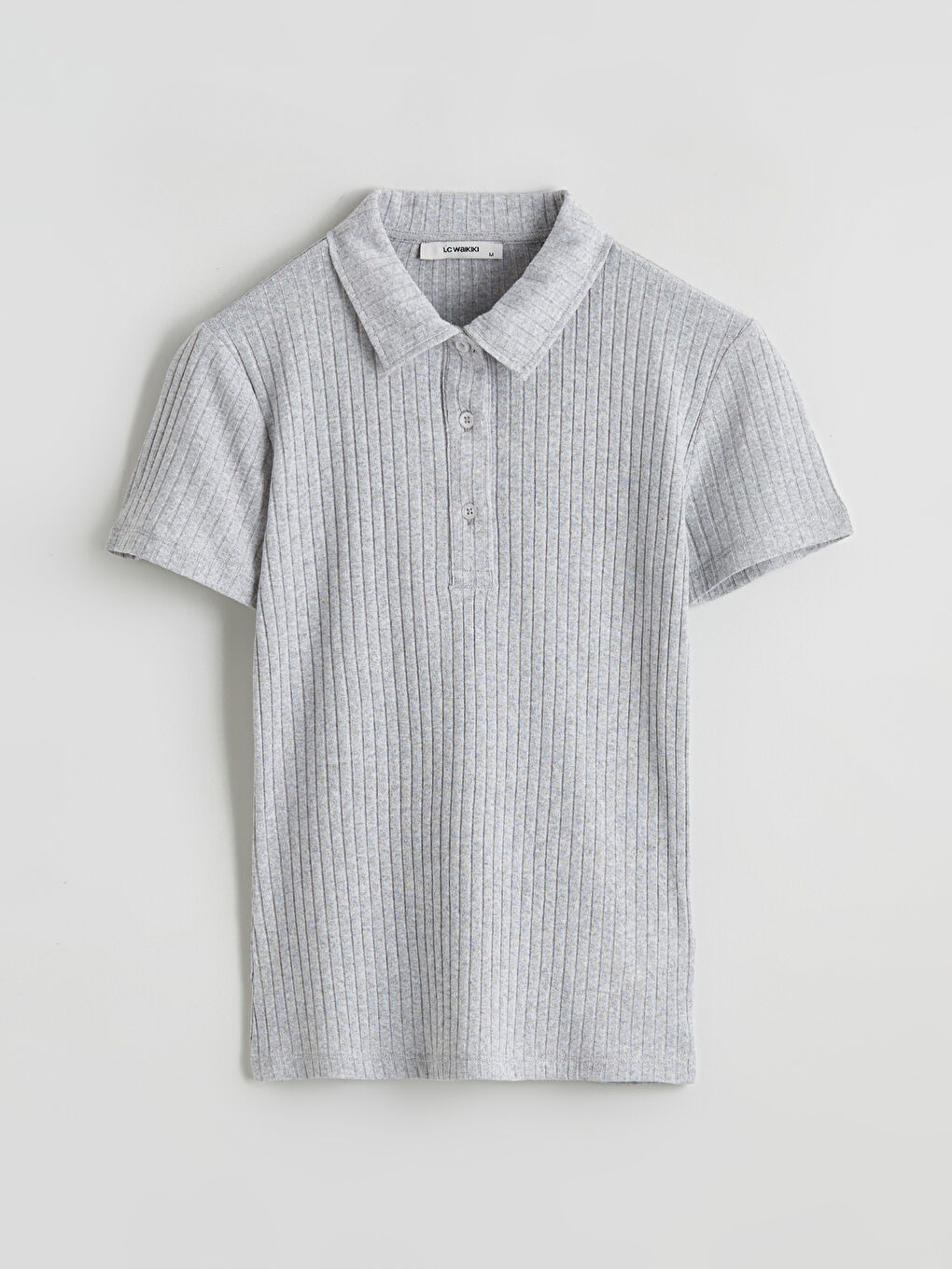 Gri Polo Yaka Çizgili Kadın Tişört-4