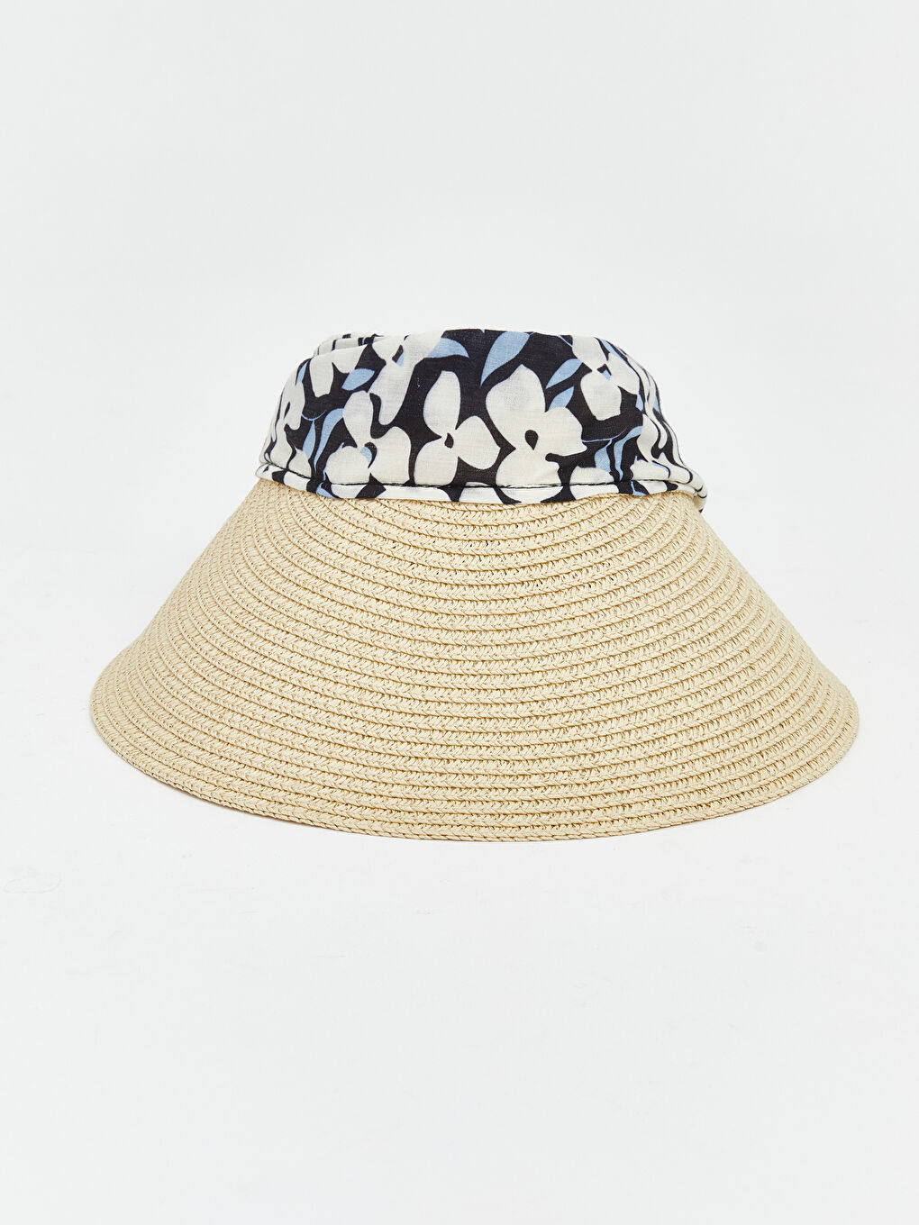 Bej Çiçek Desenli Hasır Kadın Vizör Şapka