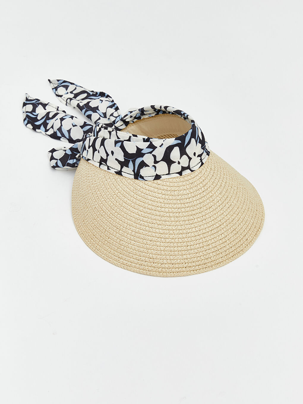 Bej Çiçek Desenli Hasır Kadın Vizör Şapka-1