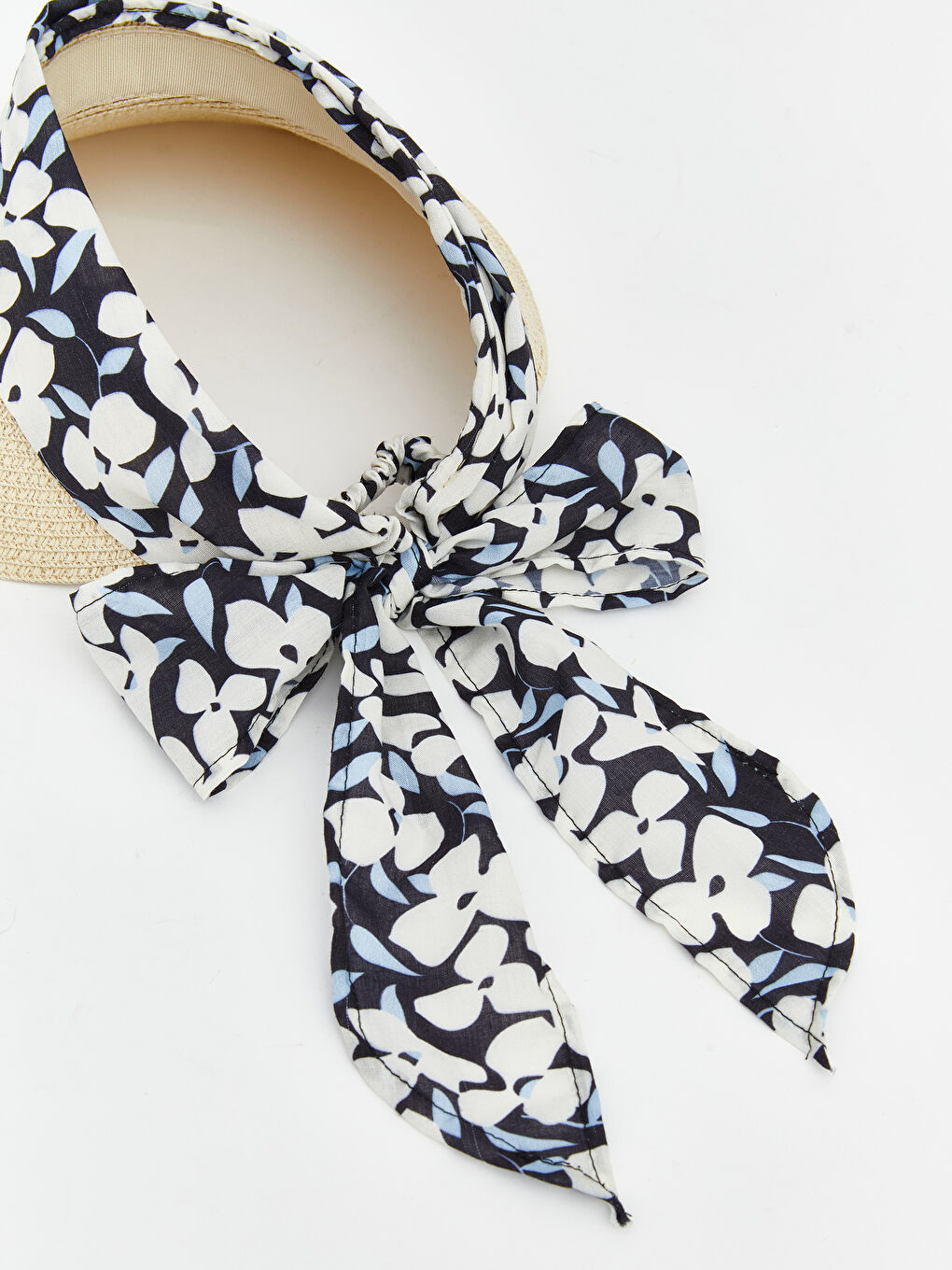 Bej Çiçek Desenli Hasır Kadın Vizör Şapka-2