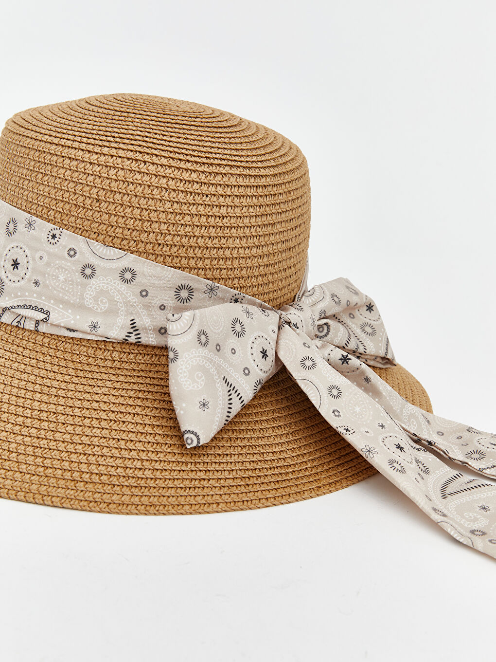 Bej Fular Detaylı Kadın Hasır Şapka-2