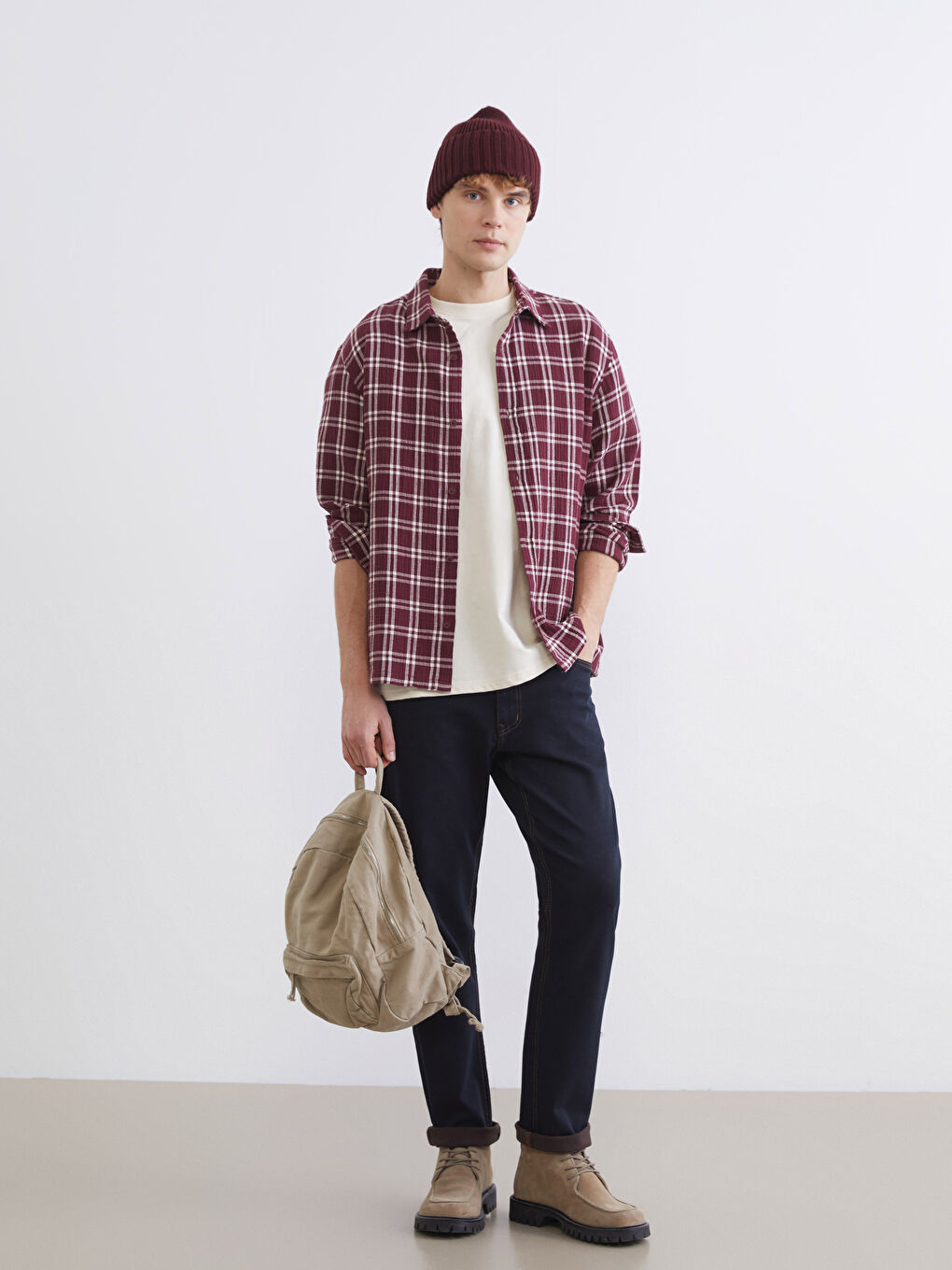 Bordo Regular Fit Ekose Erkek Gömlek-1