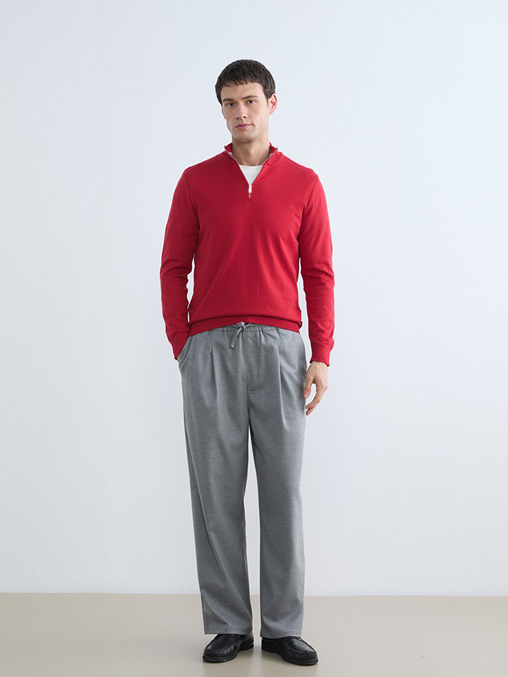 Kırmızı Dik Yaka Erkek Triko Kazak-1