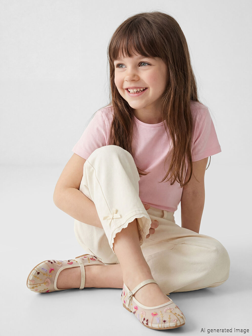 Ekru Kız Çocuk Nakışlı Babet