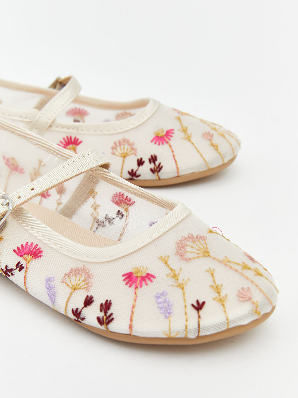 Bej Çiçek Nakışlı Kız Bebek Babet-2