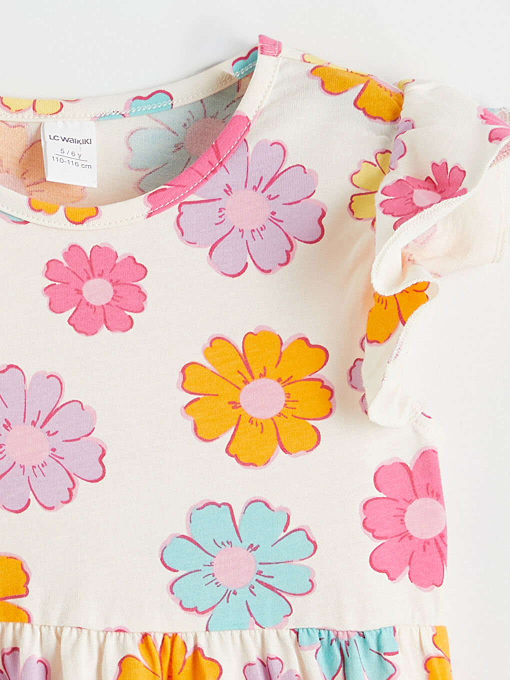 Ekru Çiçek Desenli Kız Çocuk Elbise-1