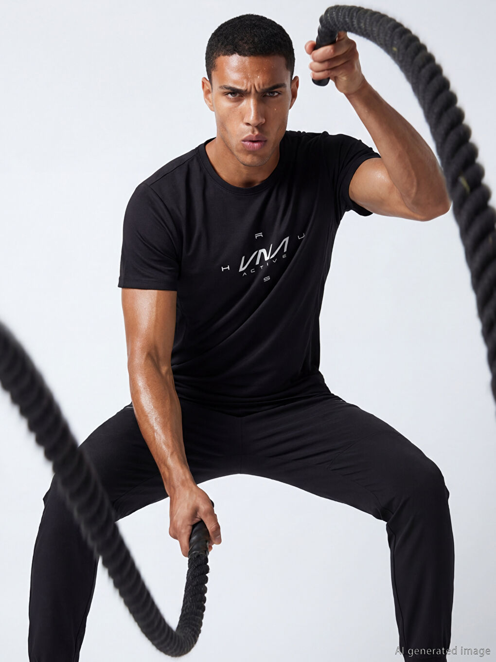 Siyah Bisiklet Yaka Baskılı Erkek Spor Tişört