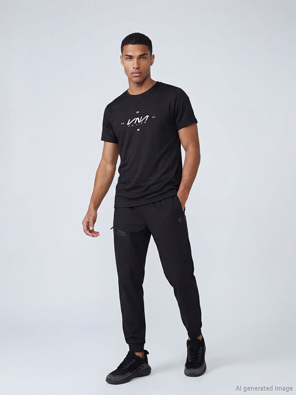 Siyah Bisiklet Yaka Baskılı Erkek Spor Tişört-1