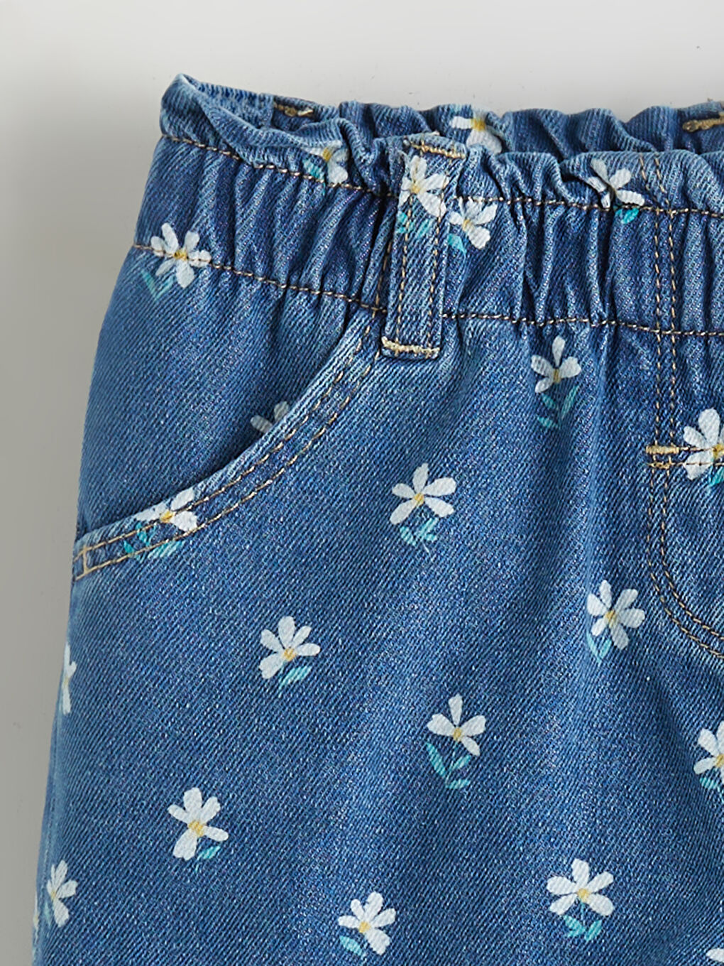 Mavi Çiçek Desenli Kız Çocuk Jean Şort-1