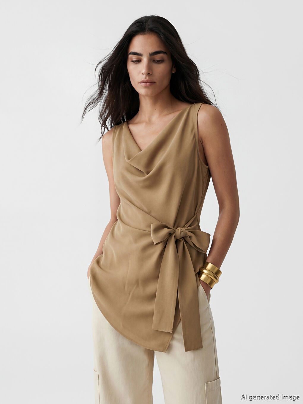 بلوزة بياقة واسعة متدلية مع ربطة عنق