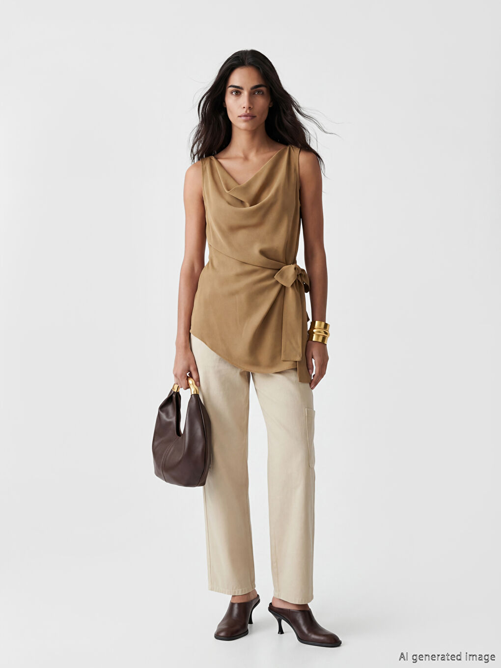 بلوزة بياقة واسعة متدلية مع ربطة عنق-1