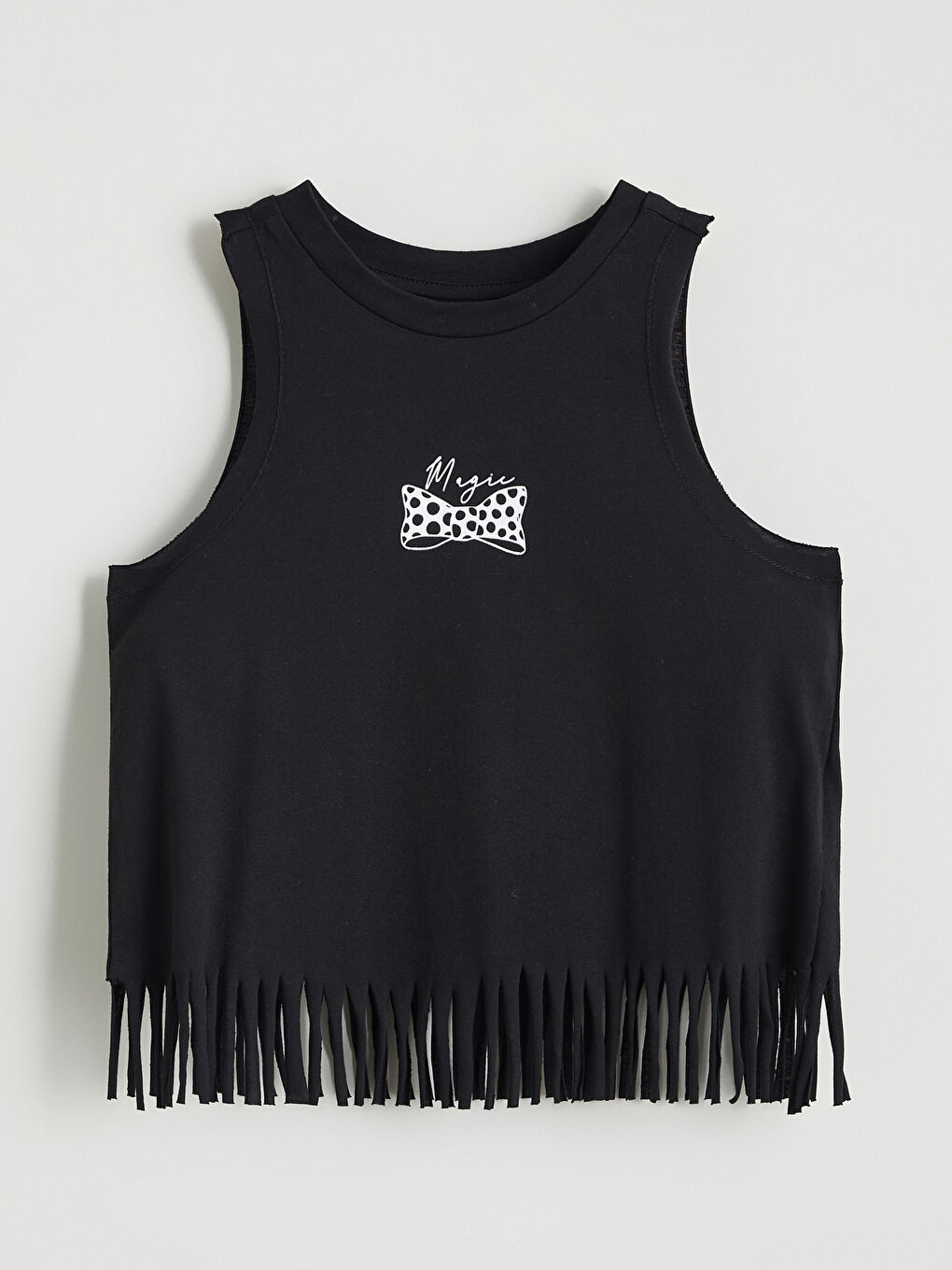 تيشيرت بدون أكمام مطبوع بياقة دائرية للبنات