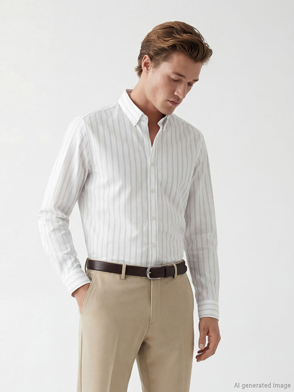 Ekru Regular Fit Çizgili Erkek Gömlek