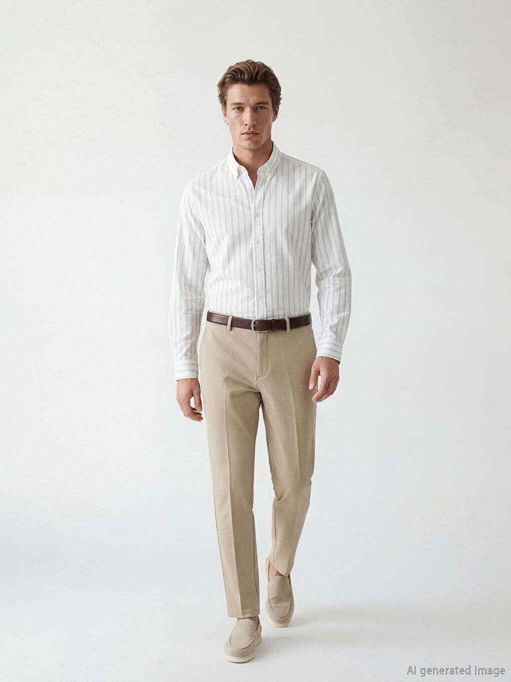 Ekru Regular Fit Çizgili Erkek Gömlek-1