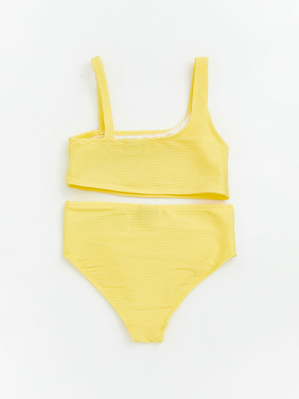 Sarı Asimetrik Yaka Dokulu Kız Çocuk Bikini-1