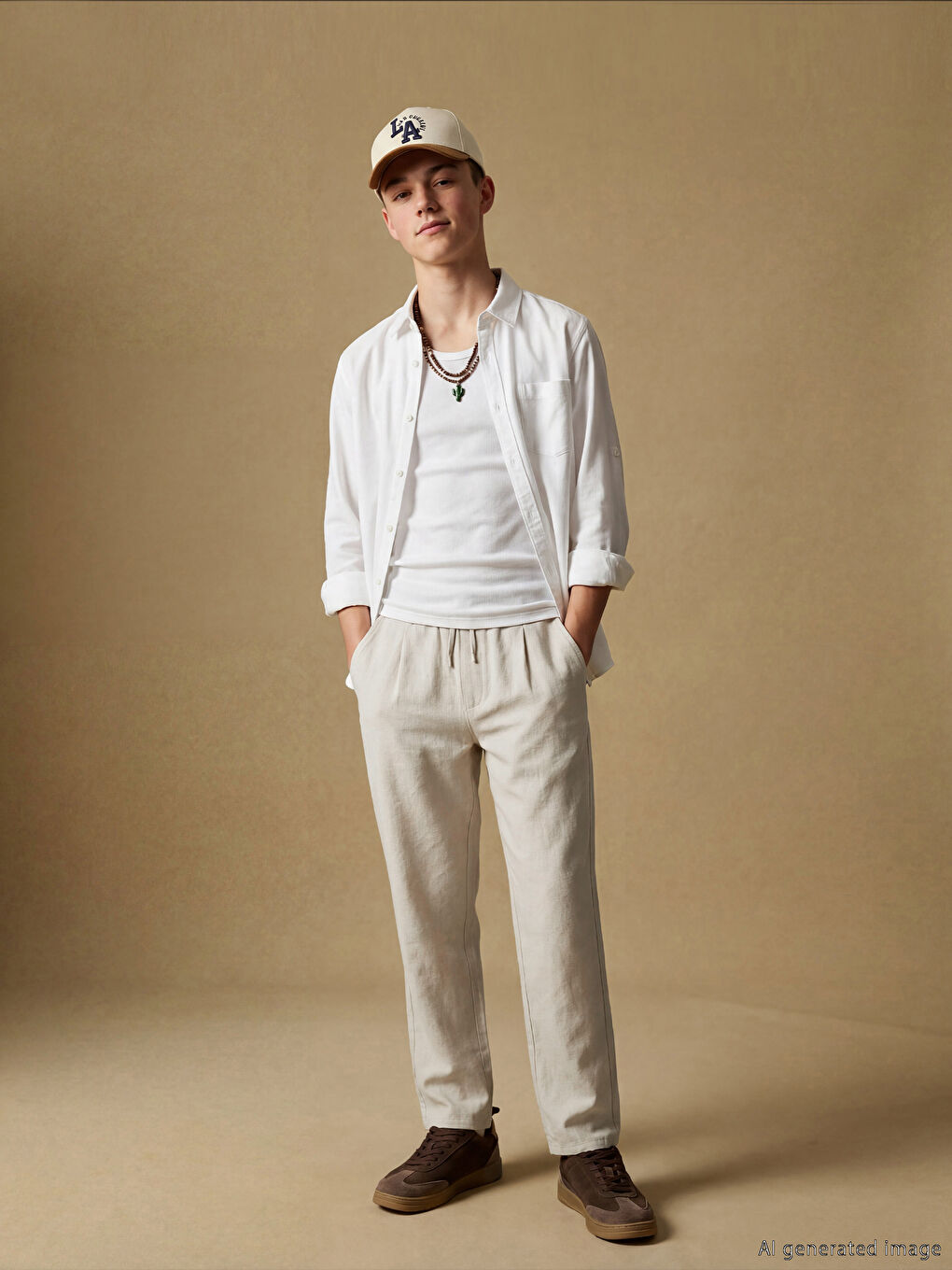 Bej Beli Lastikli Pileli Erkek Çocuk Gabardin Pantolon