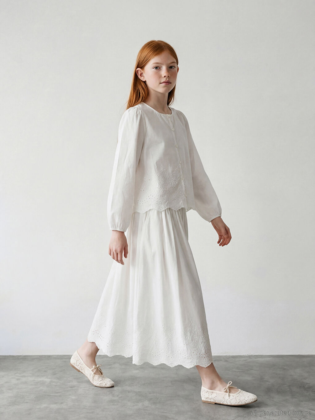 Ekru Brode İşlemeli Balon Kollu Kız Çocuk Gömlek-1