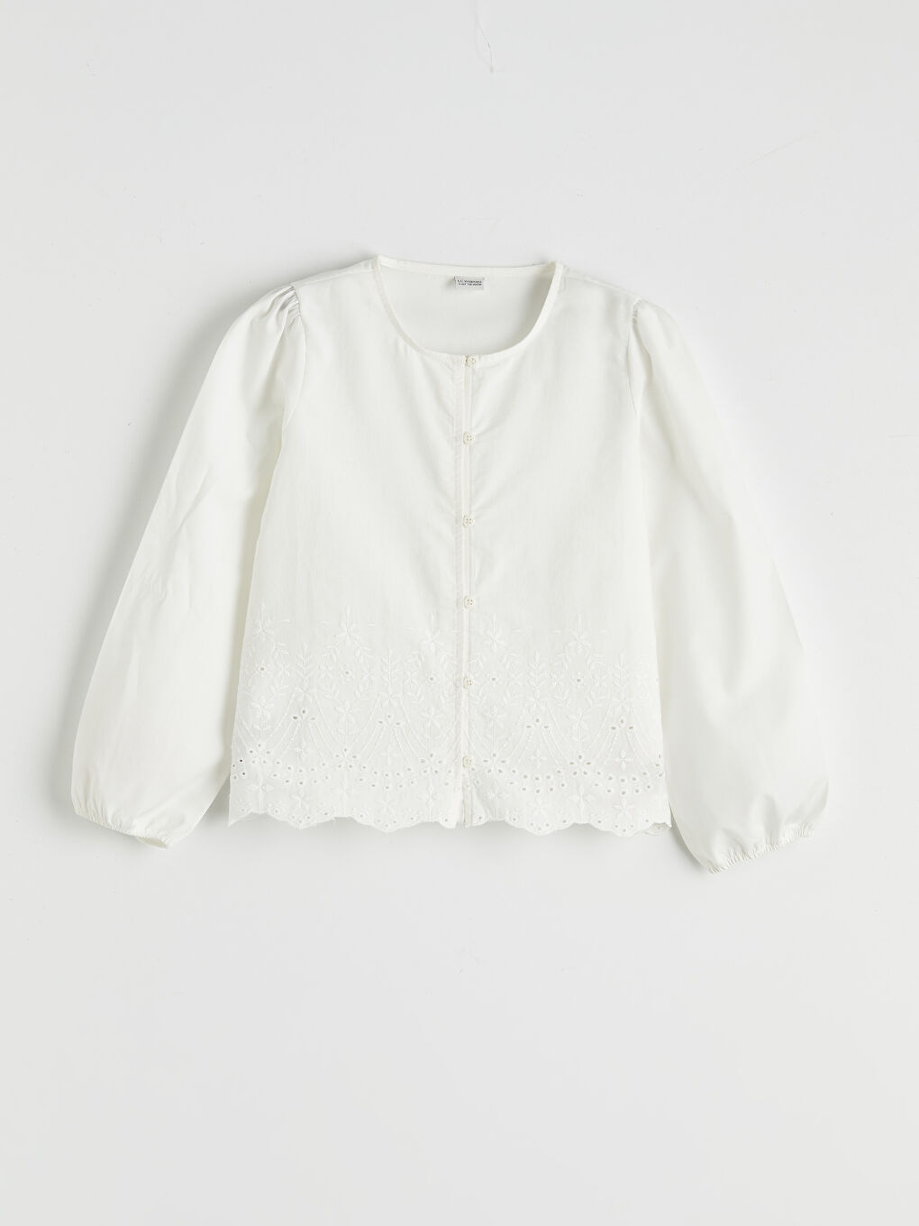 Ekru Brode İşlemeli Balon Kollu Kız Çocuk Gömlek-2