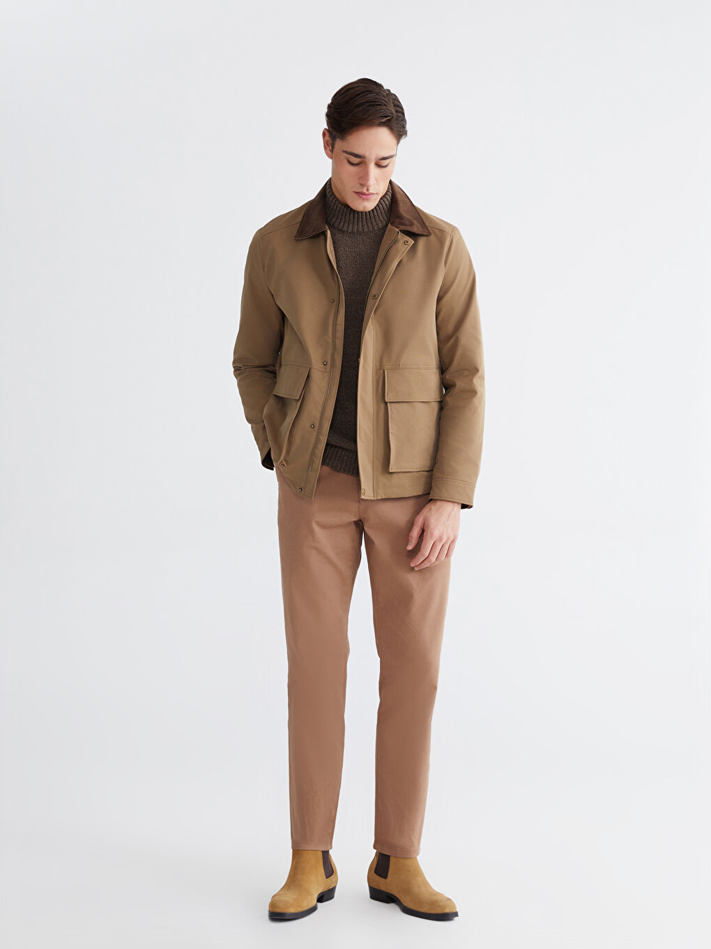 Kahverengi Regular Fit  Kadife Yaka Gabardin Erkek Mont-1