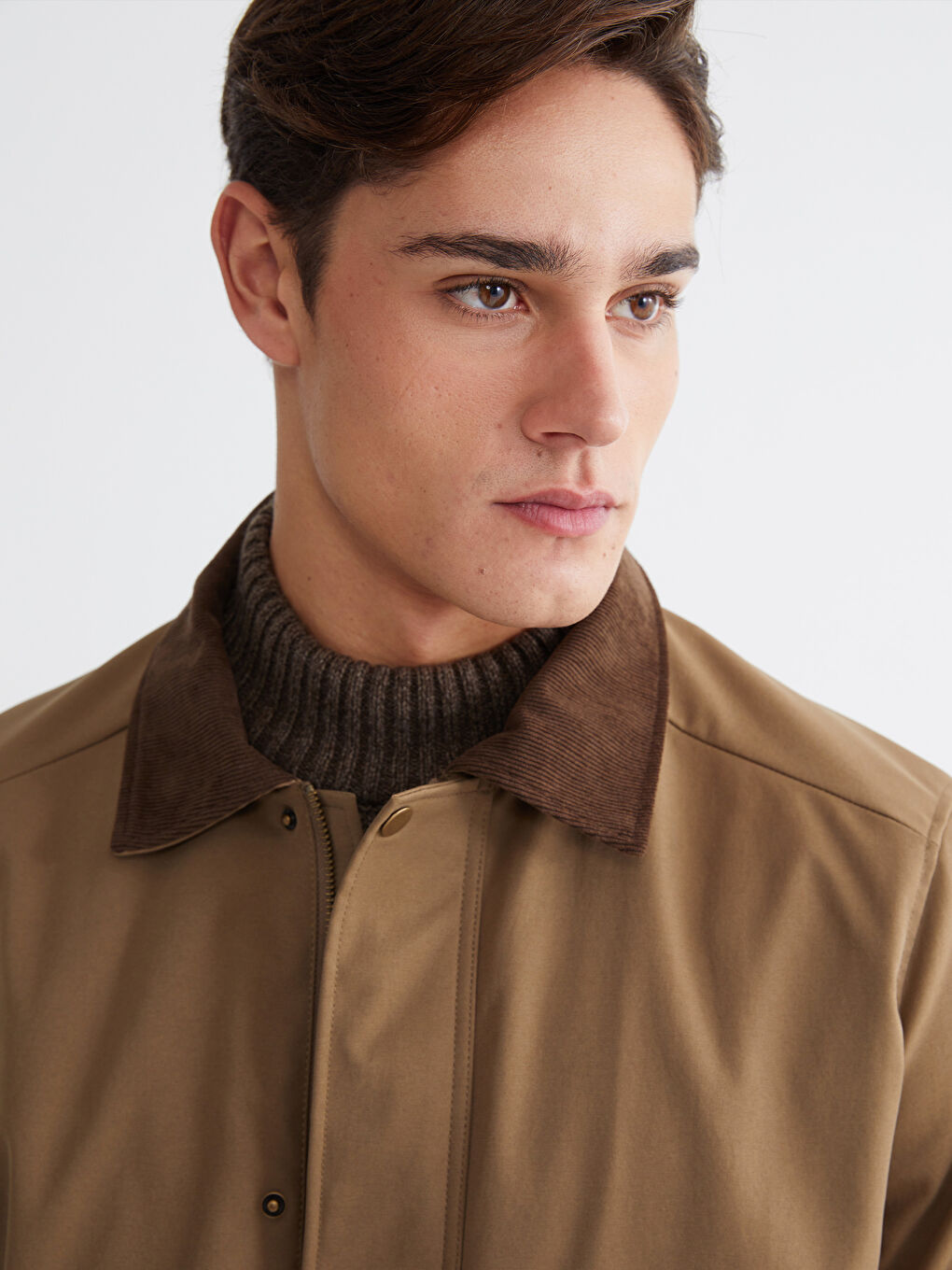 Kahverengi Regular Fit  Kadife Yaka Gabardin Erkek Mont-2