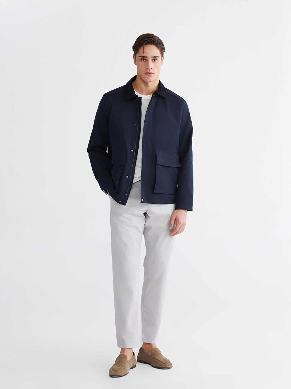 Lacivert Regular Fit  Kadife Yaka Gabardin Erkek Mont-1