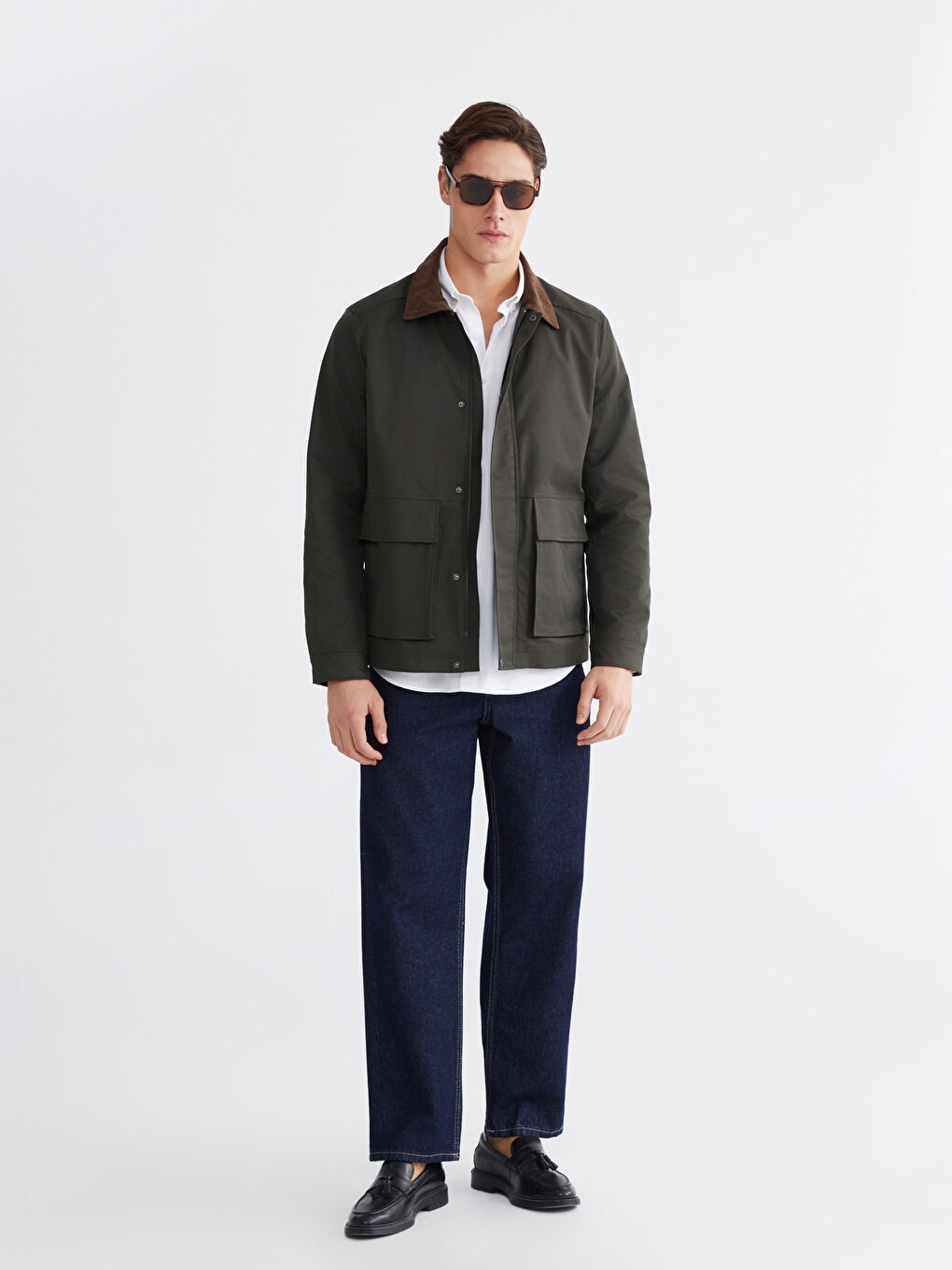 Haki Regular Fit  Kadife Yaka Gabardin Erkek Mont-1