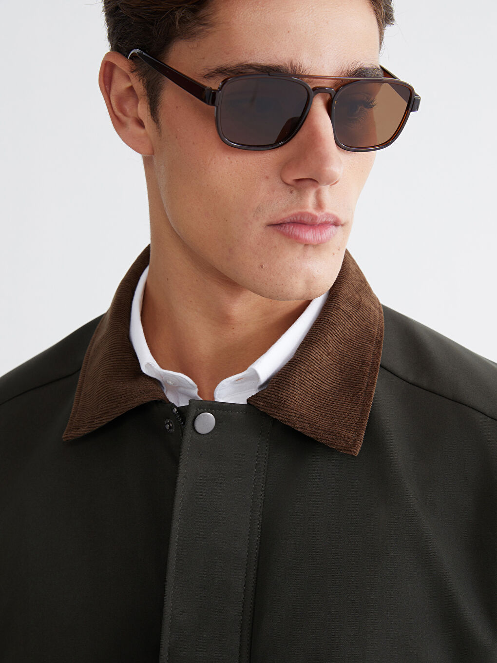 Haki Regular Fit  Kadife Yaka Gabardin Erkek Mont-2